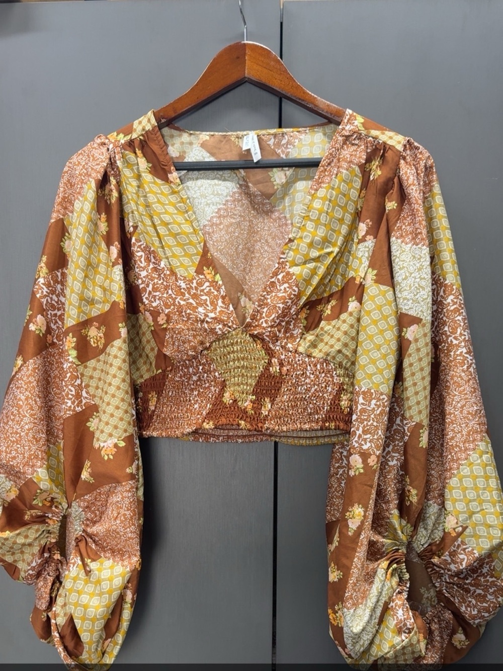 Boho Patchwork Brown Crop Top with Smocked Waist